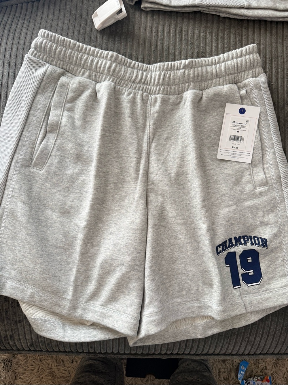 Champion Women's Light Gray Athletic Shorts with Navy '19' Logo